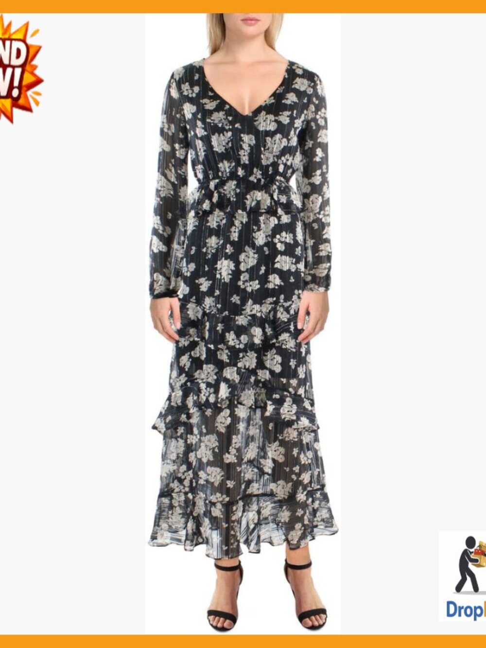 Maxi Dress with Ruffle Detail Bell Sleeves Deep V-Neck Elegant Chic Casual